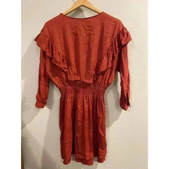 Gianni Bini Dress Small S 2 4 6 Red Orange Long Sleeve Ruffle wedding guest midi - Picture 5 of 7